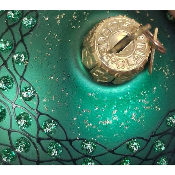 2 Vintage Dept 56 Poland Glass Ornaments Green Gold Glitter Embellished Elegant - Picture 11 of 16